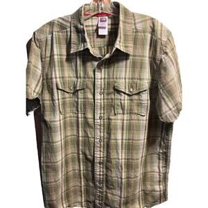 The North Face Mens Shirt L Green Plaid Snap Button Short Sleeve Pockets Hiking